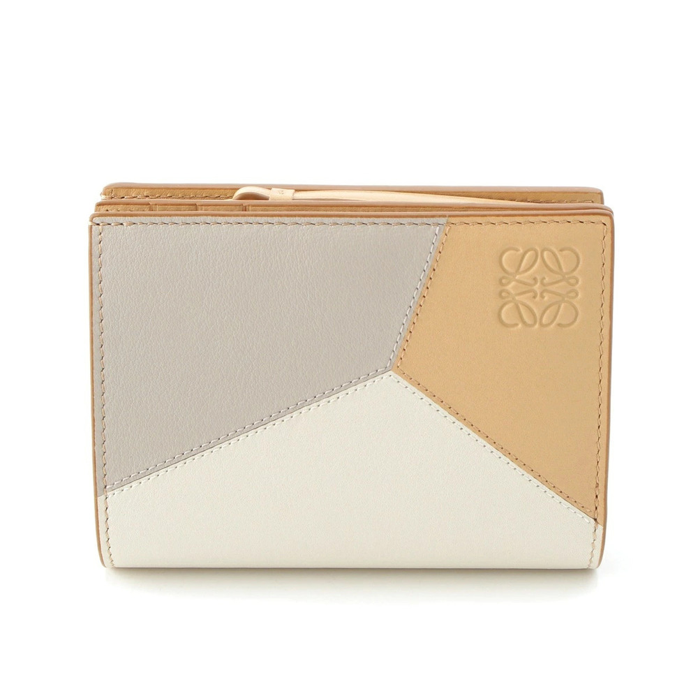 Loewe Puzzle Compact Zip Bi fold Leather Wallet White Beige Cream Gray